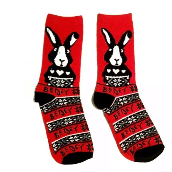 Betsey Johnson Womens Crew Socks Red Pink Green Kiss Bow Stripes Bunny Christmas - Picture 6 of 9